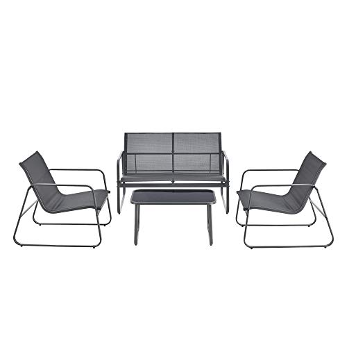[en.casa] Set de Muebles de Jardín Palencia 4-Piezas Conjunto de Muebles de Exterior Terraza Patio Set de 2 Sillas Banco para 2 Personas Mesa de Centro Gris Oscuro y Tablero de Mesa Negro