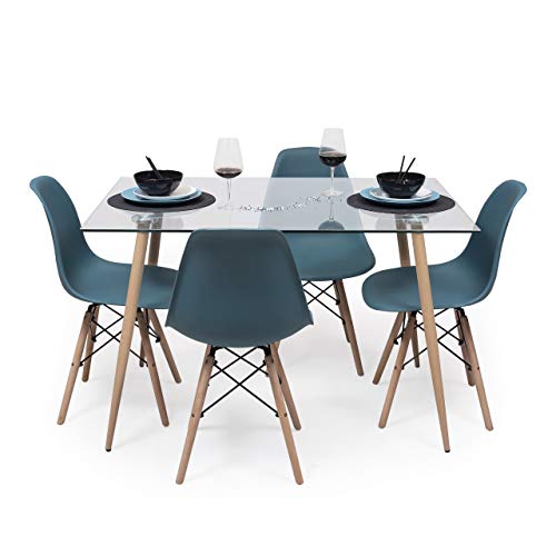 Homely - Conjunto de Comedor o Cocina de diseño nórdico Cairo Nordic, Mesa de Cristal de 120x80 cm, 4 sillas nórdicas Color Turquesa