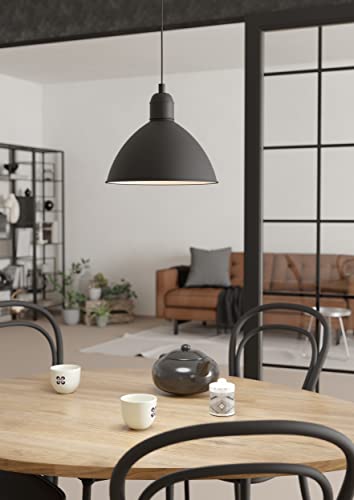 EGLO Priddy Lámpara colgante, sobre mesa de comedor, lámpara redonda colgante de metal negro y blanco, lámpara colgante de madera con casquillo E27, diámetro 30,5 cm