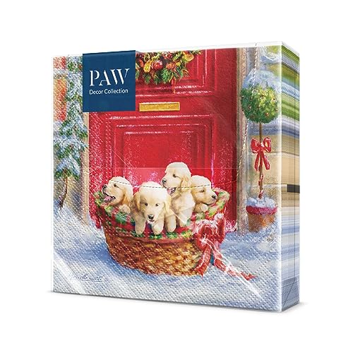 PAW - Servilletas de Papel 3 Capas (33 x 33 cm) | 20 Unidades | Servilletas de Navidad con motivos invernales y navideños | Ideales para la mesa festiva | Color: Christmas Puppies