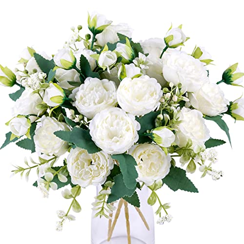 Floweroyal 4 Piezas Flores Artificiales Flores Blancas Peonies Bouquets de Seda para Boda Partido Centros de Mesa El arreglo Floral Inicio Cocina Decoración