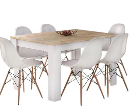 EASYMOBEL Pack Mesa de Comedor 140x80 cm + 6 Sillas Nordicas Blancas - Diseño Actual, Melamina (Cambrian y Blanco)