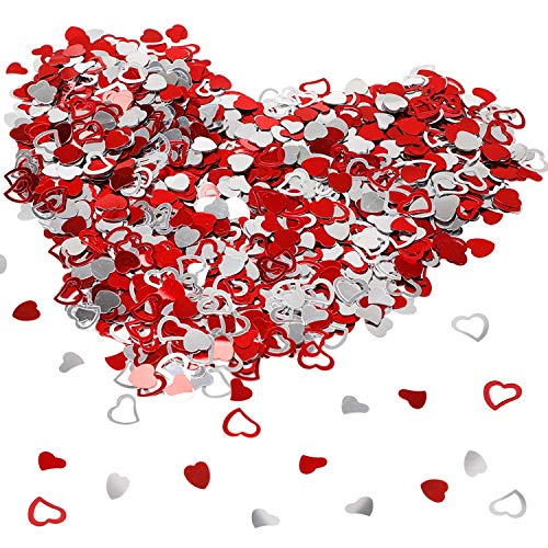 HOWAF 1160 Piezas Espumoso Plástico Confeti Corazón Rojo y Plateado Confeti Boda Corazones Decoracion Fiestas de Mesa para San valentín, Bodas, Cumpleaños, Compromiso, 15 mm