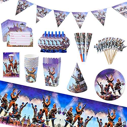 Herefun Game Party Supplies, 96 Piezas Accesorios Decorativos de Videojuegos Cumpleaños Vajilla para Fiestas Accesorio Artículos para Fiesta de Cumpleaños Decoracione Banners (Party Supplies)